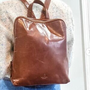 Wild West Los Angeles Cognac Brown Leather Backpack Plaid Interior Card Slots